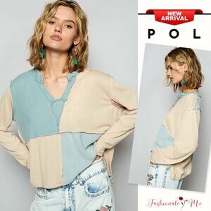POL Color Block Contrast Notch Neck Long Sleeves Relaxed Fit Top | Pastel Blue